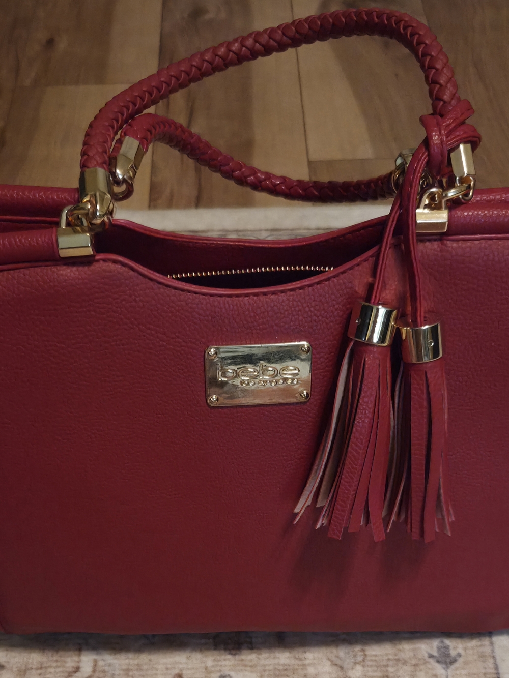 bebe Natalie Satchel Handbag - Red Braided Handle Tote (No Strap)